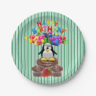 Paper Plates, Happy Birthday Penguin Stripe Paper Plate