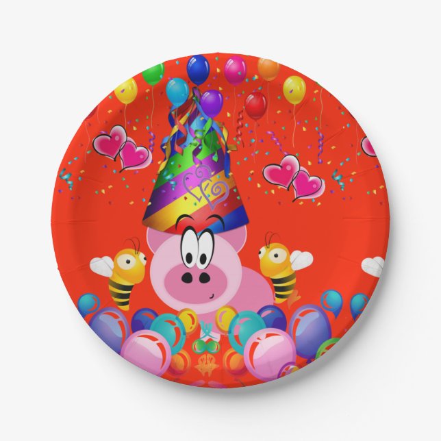 Paper Plates, Happy Birthday Pink Pig Bumblebee Paper Plate (Front)