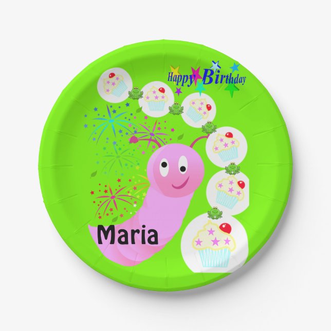 Paper Plates, Happy Birthday Pink Worm Cupcakes Paper Plate (Front)