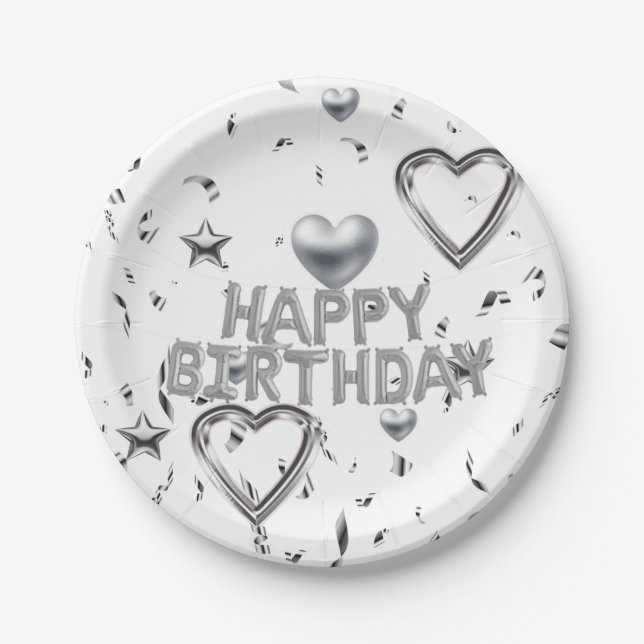 Paper Plates, Happy Birthday Silver Hearts Paper Plate (Front)
