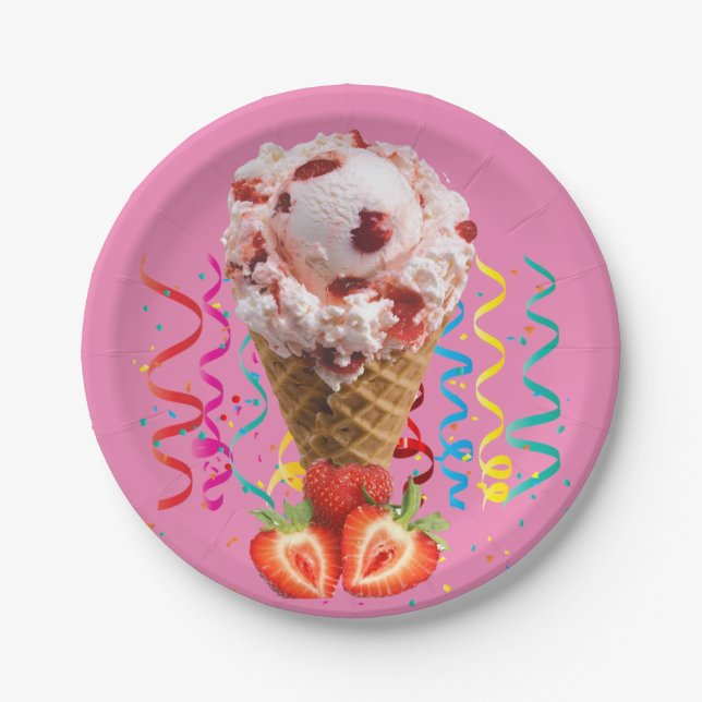 Paper Plates, Happy Birthday Strawberry Ice Cream Paper Plate (Front)