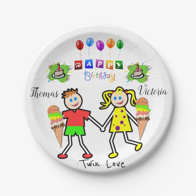 Paper Plates, Happy Birthday Twins Paper Plate (Front)