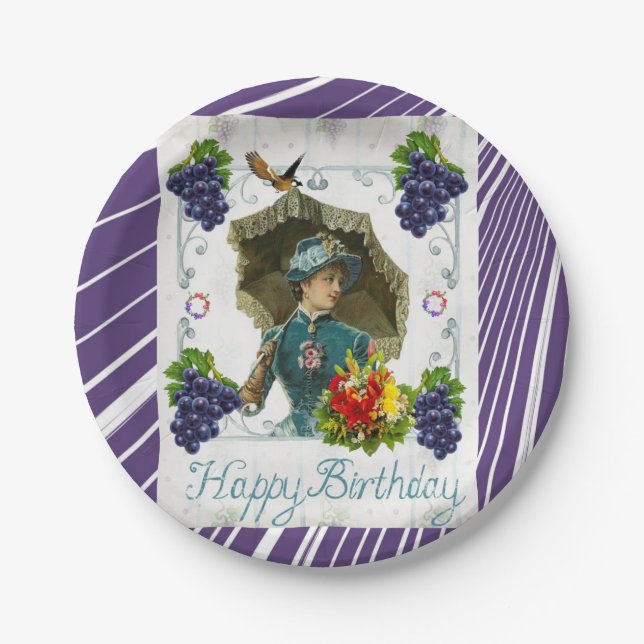 Paper Plates, Happy Birthday Victorian Stripe Paper Plate (Front)