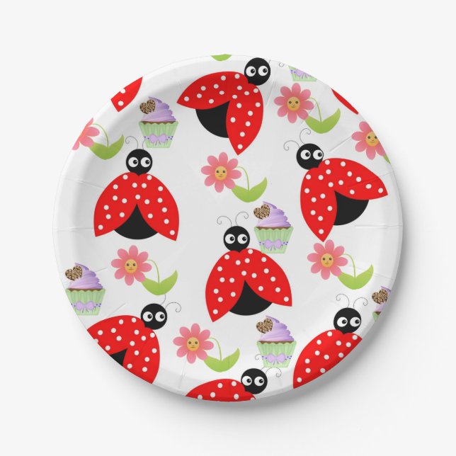 Paper Plates, Ladybug Cupcake Floral Flowers Paper Plate (Front)