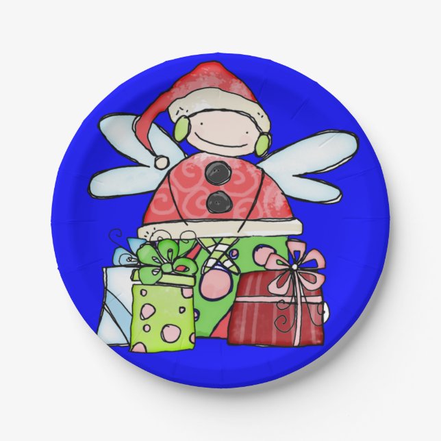 Paper Plates, Merry Christmas Angel Santa Blue Paper Plate (Front)