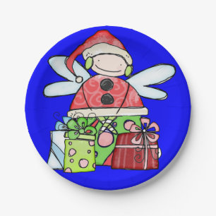 Paper Plates, Merry Christmas Angel Santa Blue Plate
