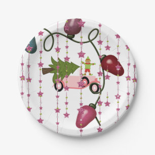 Paper Plates, Merry Christmas Pink Car Elf Paper Plate