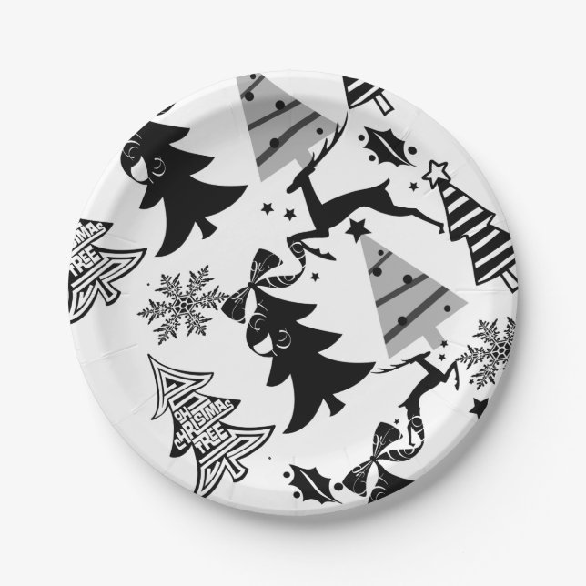 Paper Plates, Merry Christmas Silver Black Grey  Paper Plate (Front)