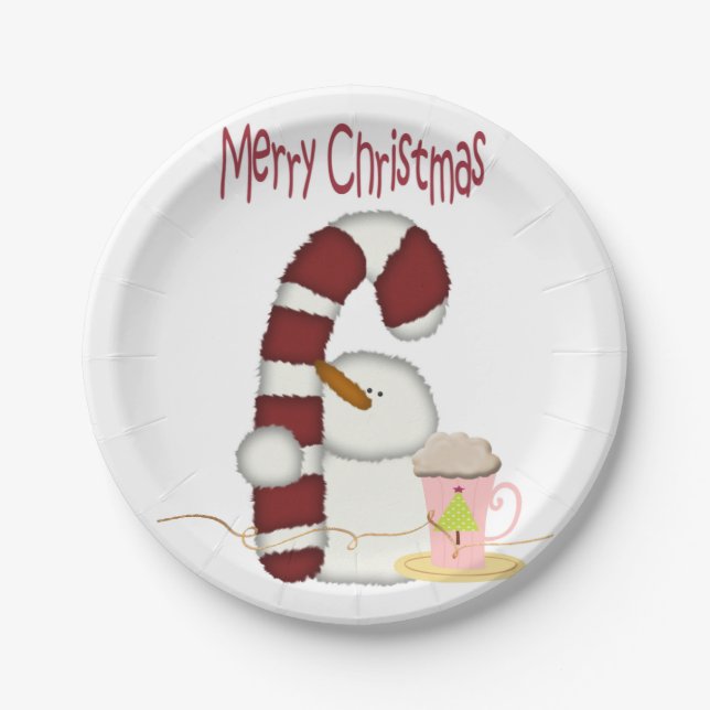 Paper Plates, Merry Christmas Snowman Cappuccino  Paper Plate (Front)