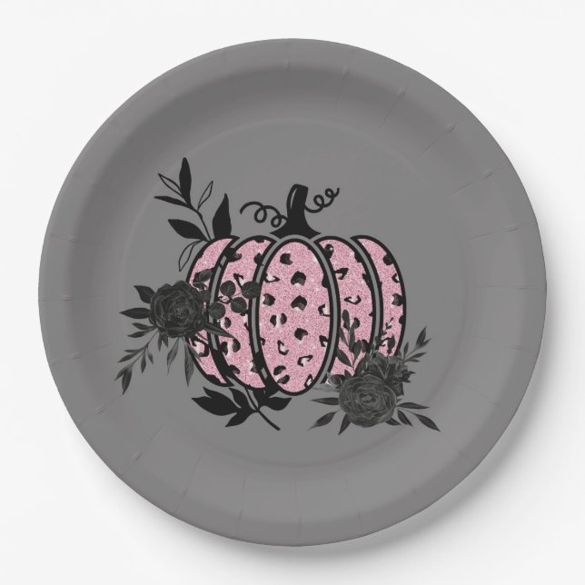 Paper Plates, Pink and Black Leopard Pumpkin Plate (Front)