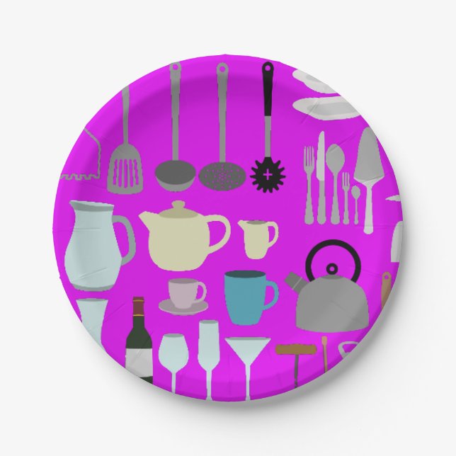 Paper Plates Pink Retro Style Kitchen Utensils (Front)