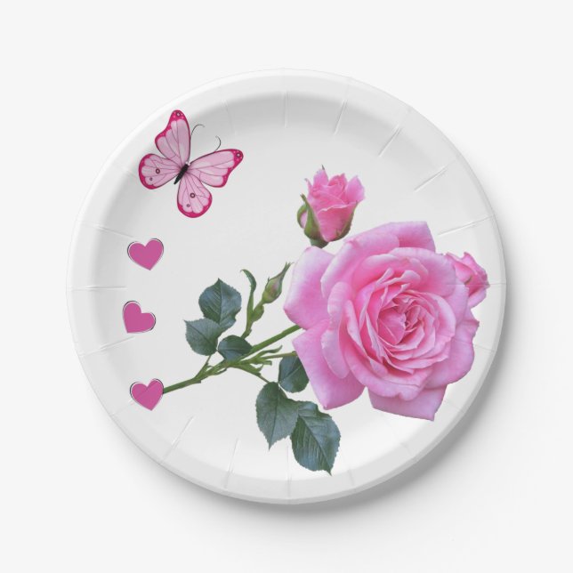 Paper Plates, Pink Rose Floral Butterfly Hearts Paper Plate (Front)