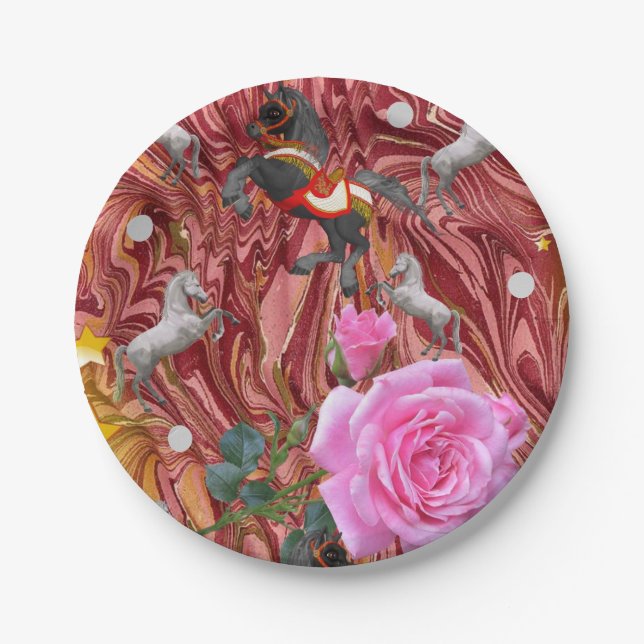 Paper Plates, Pink Rose Floral Flowers Horse Paper Plate (Front)