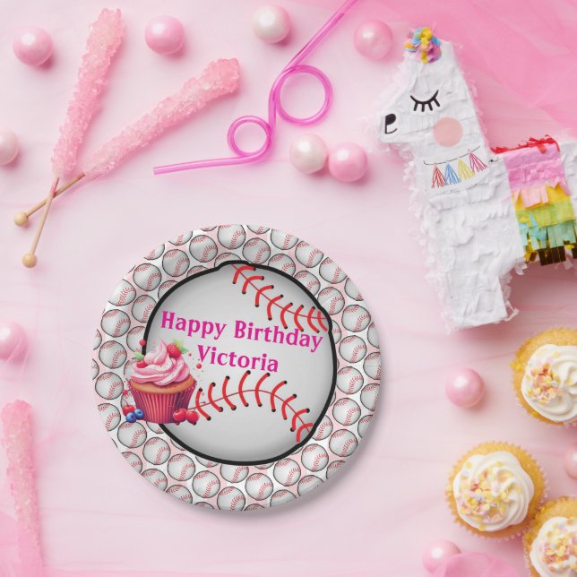 Paper Plates, Pink  White Stripe Birthday Baseball Paper Plate (Party)