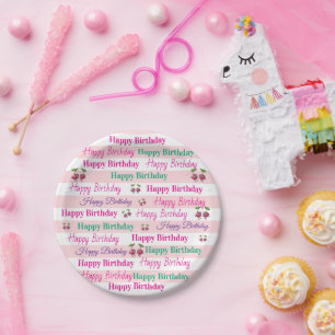 Paper Plates, Pink & White Stripe Birthday Plate