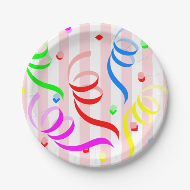Paper Plates,  Pink & White Stripe Confetti Plate (Front)