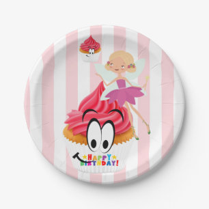Paper Plates, Pink & White Stripe Fairy Birthday Plate