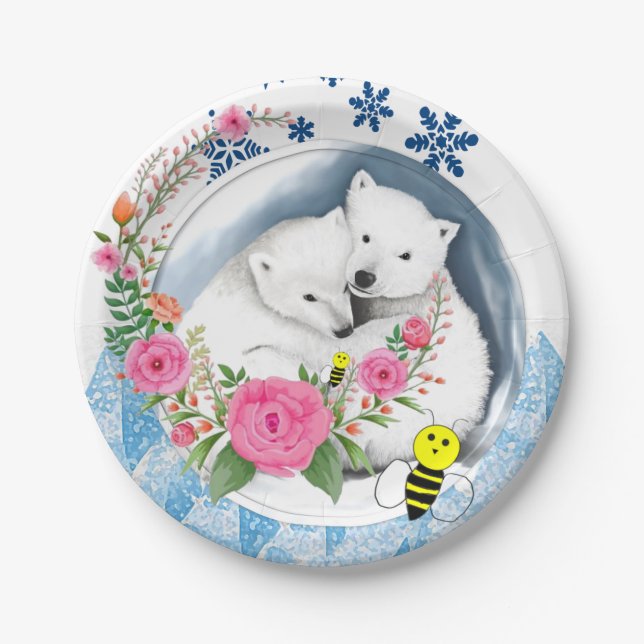 Paper Plates, Polar Bear Floral Flowers Bumblebee Plate (Front)