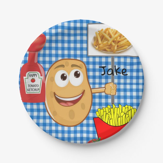 Paper Plates, Potato French Fries Ketchup Plaid Plate (Front)