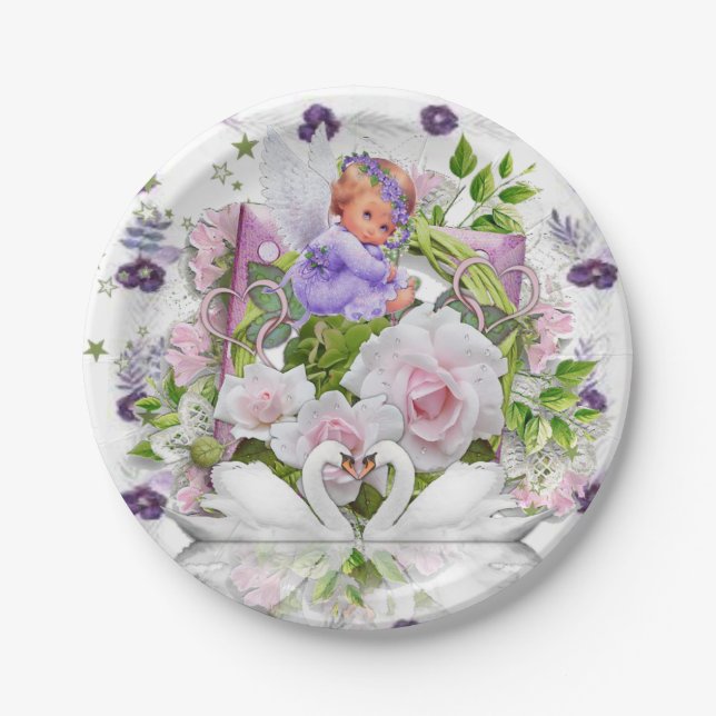 Paper Plates, Purple Baby Angel Floral Flowers Paper Plate (Front)