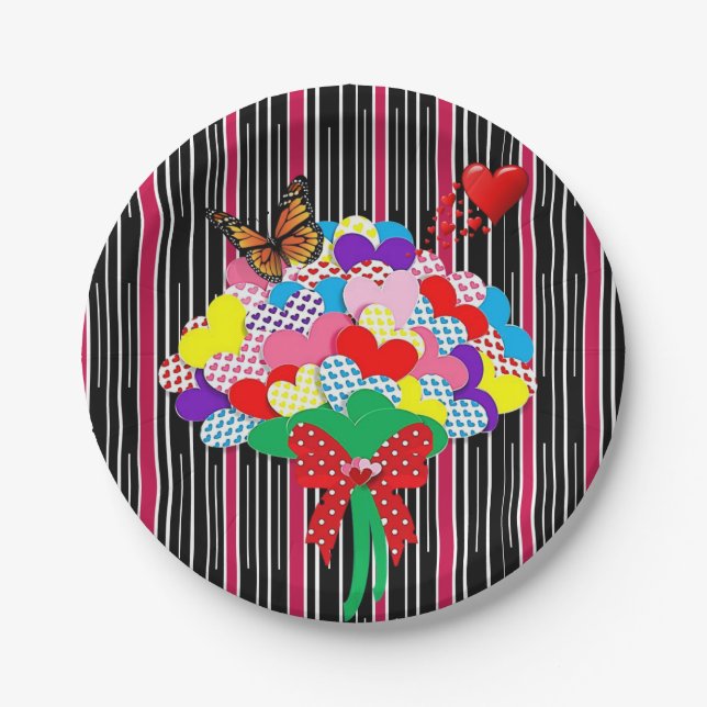 Paper Plates Red Hearts Love Victorian Stripe  (Front)