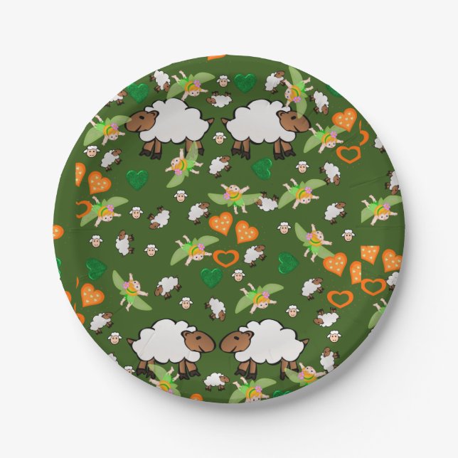 Paper Plates, Sheep Fairy Orange Green Hearts Paper Plate (Front)