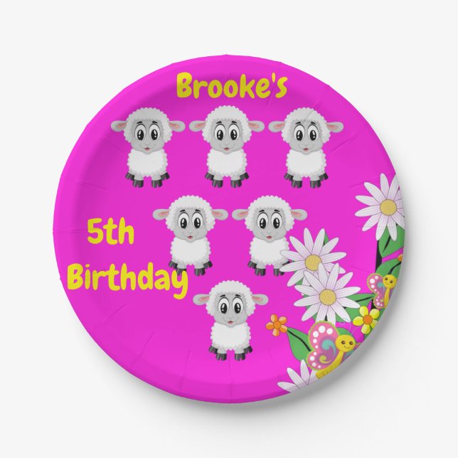 Paper Plates, Sheep Floral 5th Birthday Paper Plate (Front)
