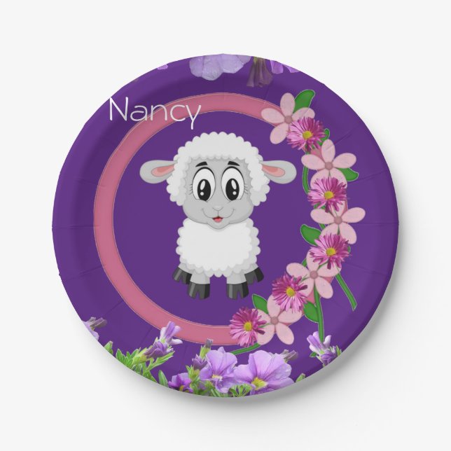Paper Plates, Sheep Floral Purple Paper Plate (Front)