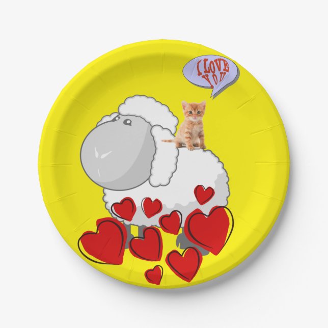 Paper Plates, Sheep Kittens Red Hearts Paper Plate (Front)