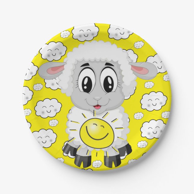 Paper Plates, Sheep Sun Clouds Yellow Plate (Front)