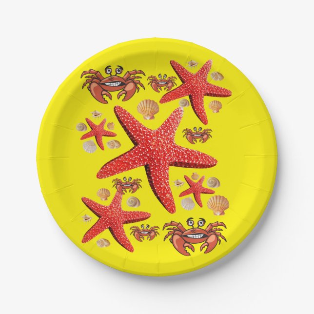 Paper Plates, Starfish Crabs Yellow Red Paper Plate (Front)