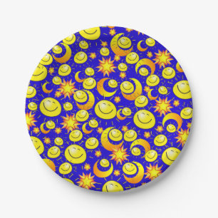 Paper Plates, Sun Moon Yellow Orange Stars Blue Paper Plate