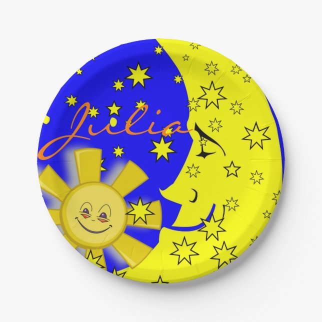 Paper Plates, Sun Moon Yellow Stars Blue Paper Plate (Front)