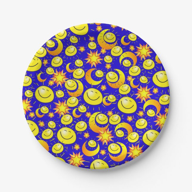 Paper Plates, Sun Moon YellowStars Blue Plate (Front)