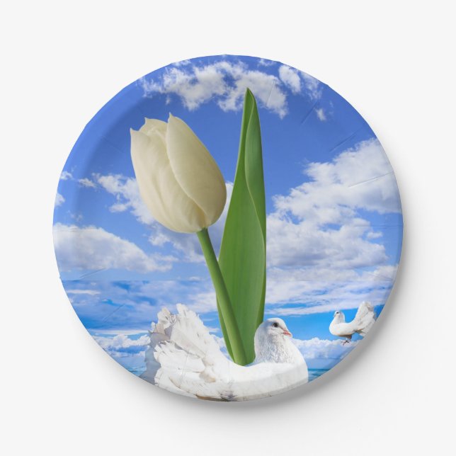 Paper Plates, Tulip Floral White Birds Paper Plate (Front)