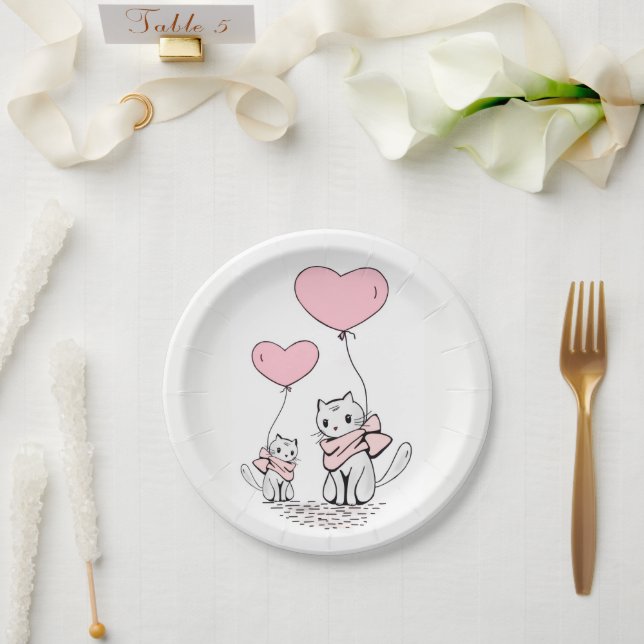 Paper plates Valentine's Day Cats Pink Hearts (Wedding)