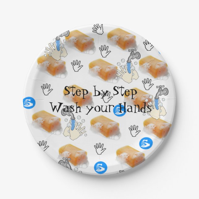 Paper Plates, Wash Your Hands Soap Water Faucet Plate (Front)