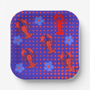 Paper plates with lobsters, nets and  Flowers