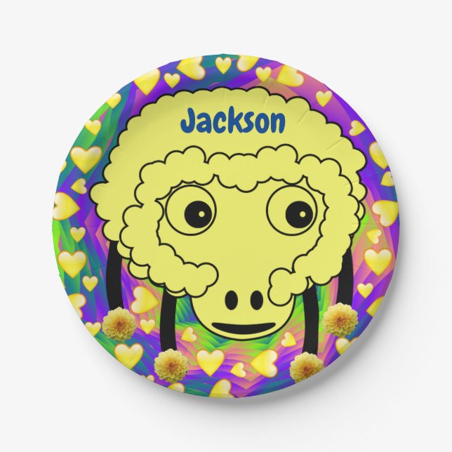 Paper Plates, Yellow Sheep Yellow Hearts Paper Plate (Front)