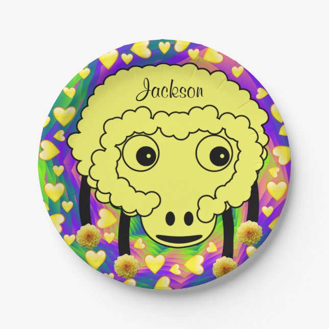 Paper Plates, Yellow Sheep Yellow Hearts Paper Plate (Front)