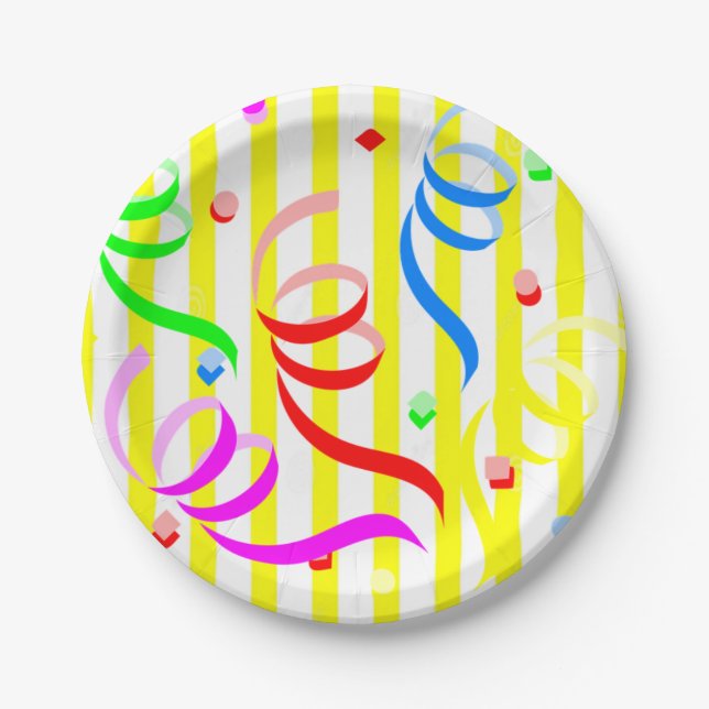 Paper Plates, Yellow & White Stripe Confetti Plate (Front)