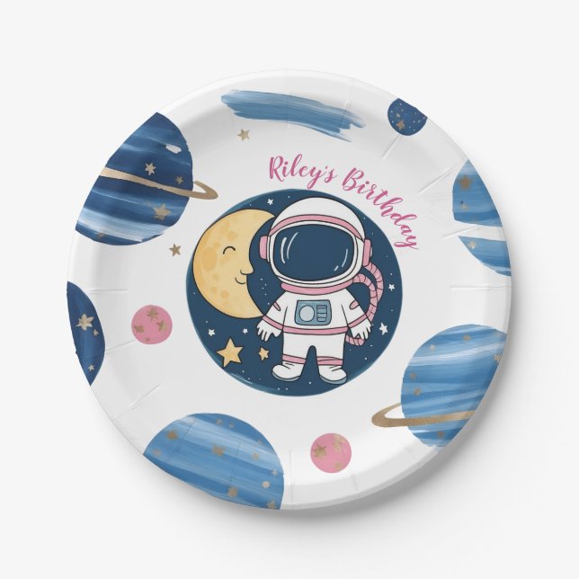 Paper Plato Birthday Astronaut Pink Blue Plate (Front)