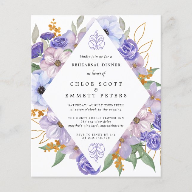 PAPER Purple Floral Rehearsal Dinner Invitation (Front)