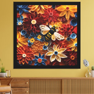 Paper Quilling Design Bee surrounded by Flowers Canvas Print