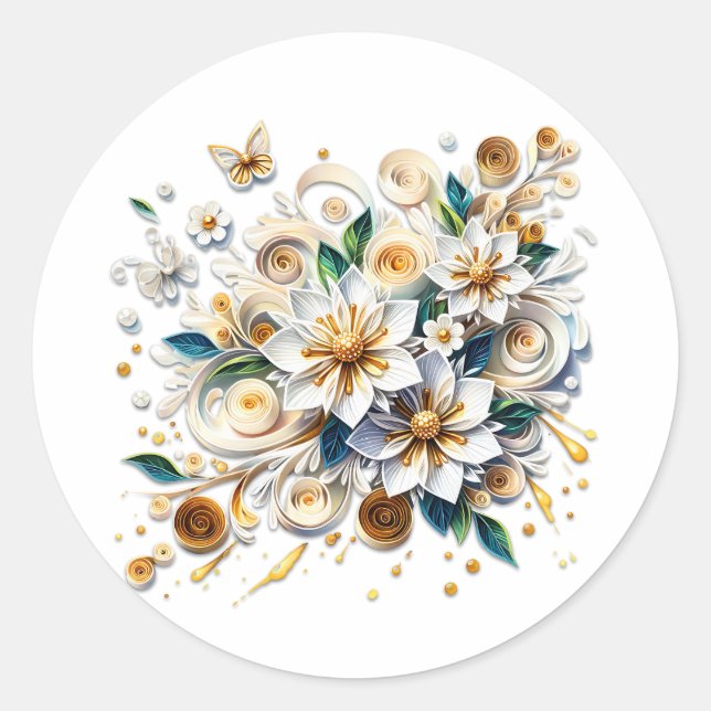 Paper Quilling Flowers Elegant  Classic Round Sticker (Front)