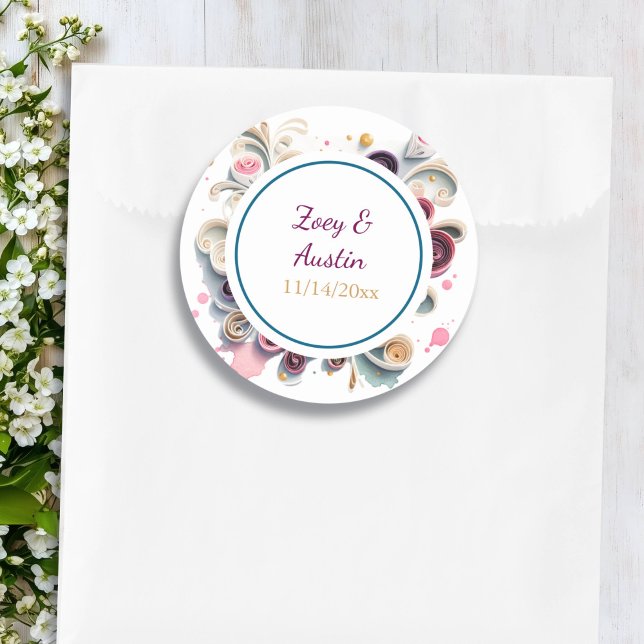 Paper Quilling Flowers Elegant Personalised Classic Round Sticker (Creator Uploaded)