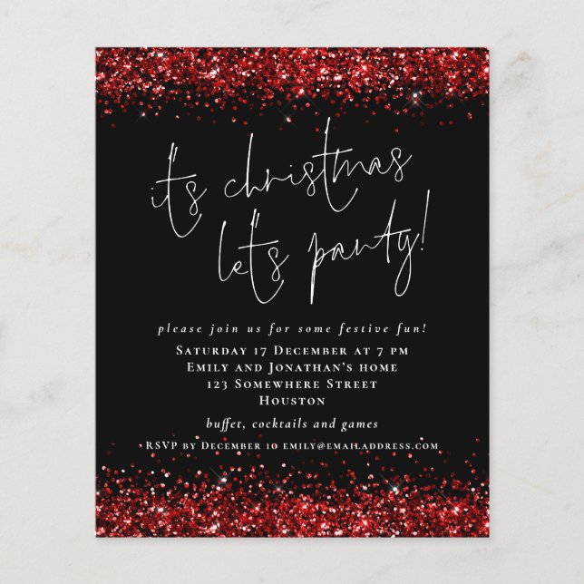 PAPER Red Glitter Its Christmas Lets Party Invite (Front)