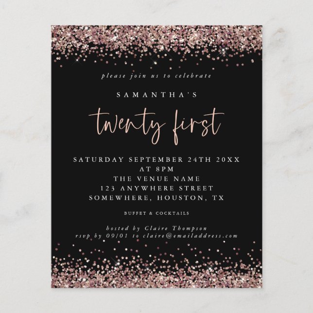 PAPER | Rose Gold Glitter Black 21st Party Invite (Front)