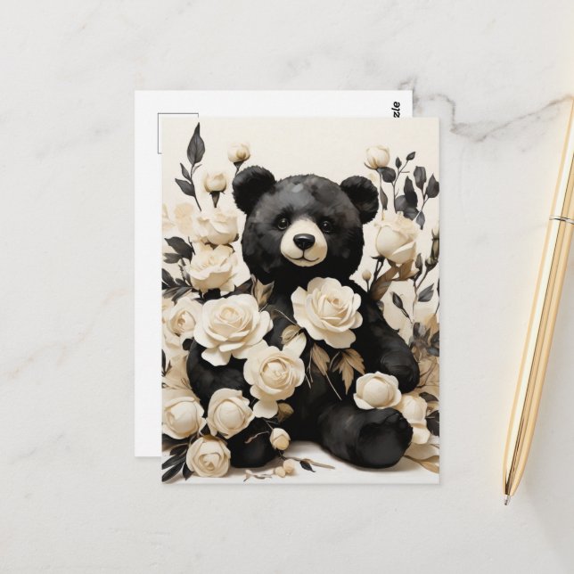Paper Roses & Black Bear Valentine Postcard (Front/Back In Situ)