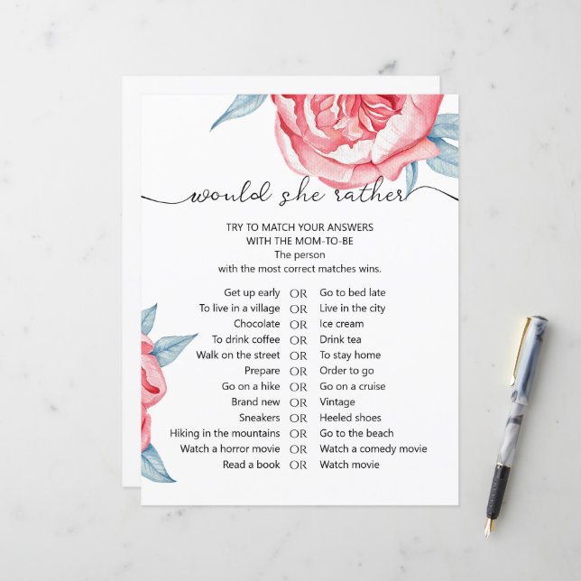 Paper Sheet game "would she rather"  (Front/Back In Situ)